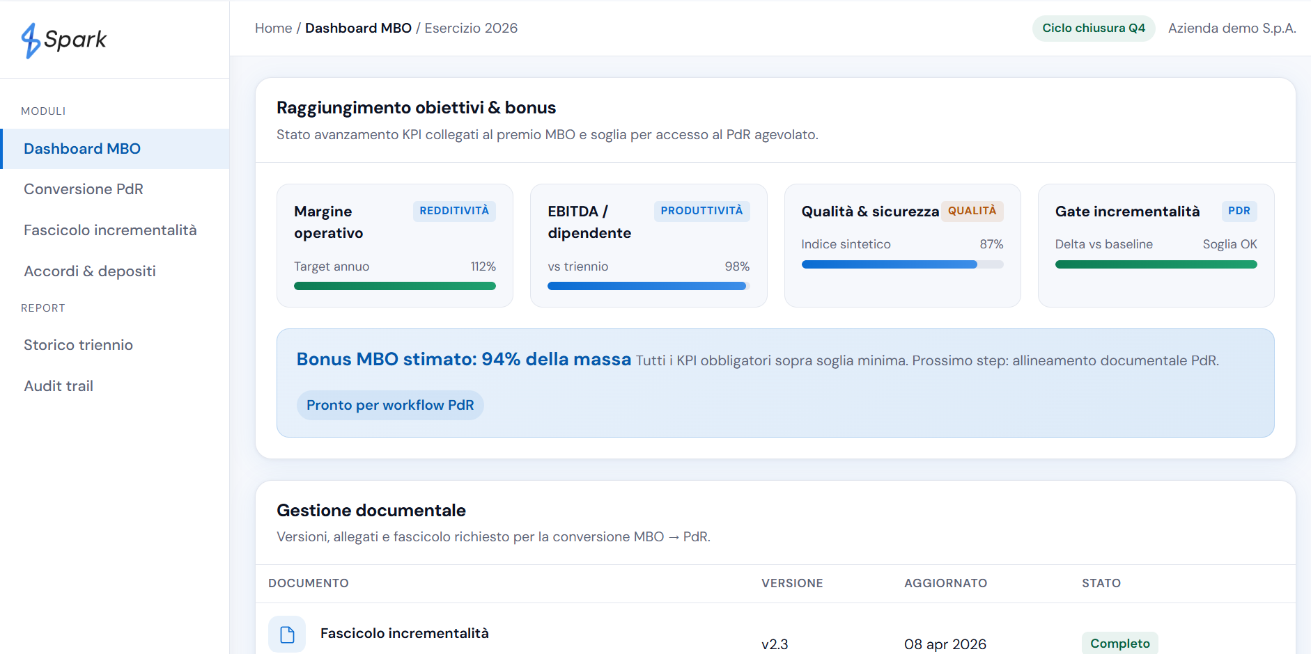 Interfaccia Spark: dashboard MBO con obiettivi e bonus, gestione documentale e stato PdR.