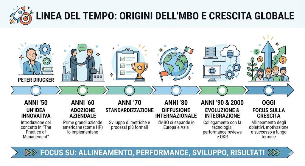 Timeline storica delle origini dell'MBO, da Peter Drucker alla sua diffusione globale e focus su crescita.