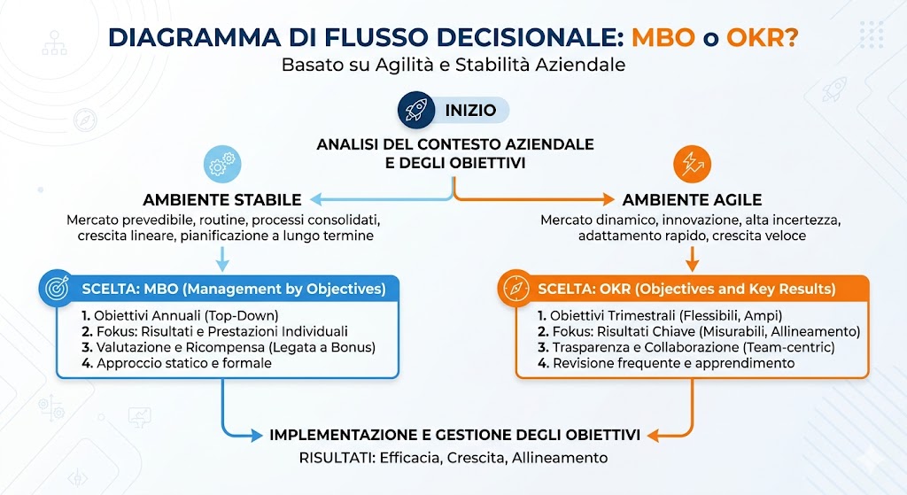 Diagramma di flusso decisionale tra MBO e OKR, basato su agilità e stabilità aziendale.