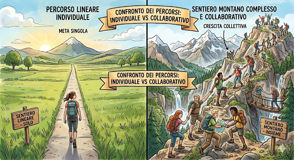Illustrazione che confronta un percorso lineare individuale con un sentiero montano complesso e collaborativo.