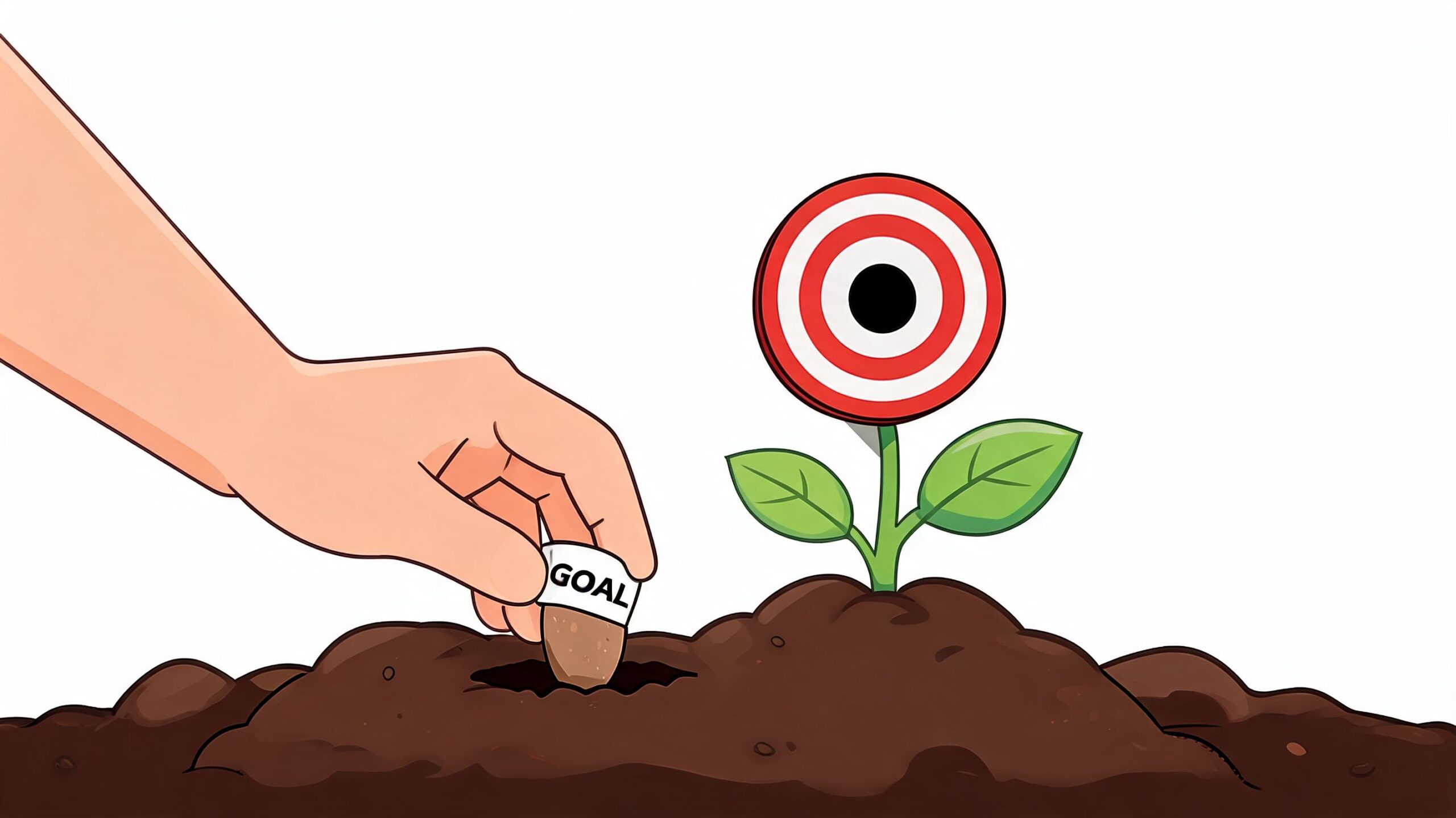 Una mano che pianta un seme etichettato con la parola obiettivo nel terreno accanto a un fiore bersaglio.