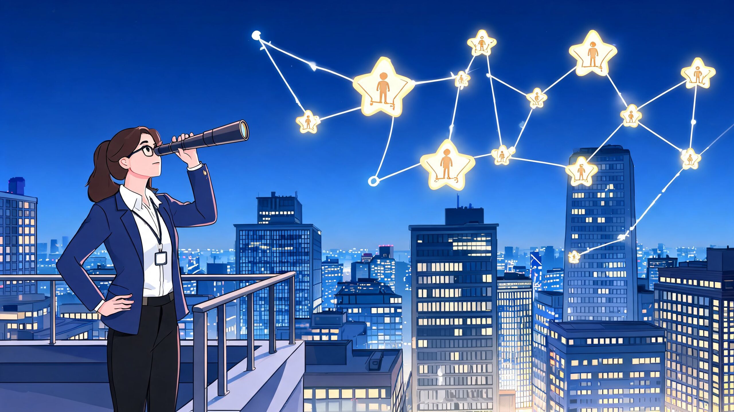 Una donna in abito professionale osserva con un telescopio una rete di stelle luminose sopra lo skyline urbano.