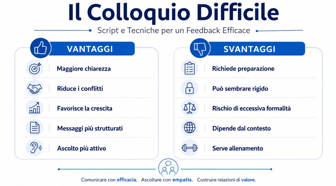Infografica sui vantaggi e svantaggi dell'utilizzo di script e tecniche durante un colloquio di feedback difficile.