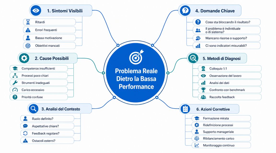 Mappa concettuale che illustra le fasi per diagnosticare e risolvere le cause di una bassa performance lavorativa.