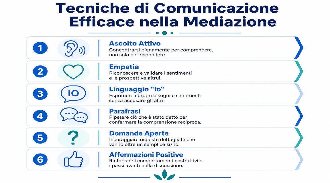 Infografica sulle sei tecniche di comunicazione efficace per la mediazione dei conflitti in ambito professionale.