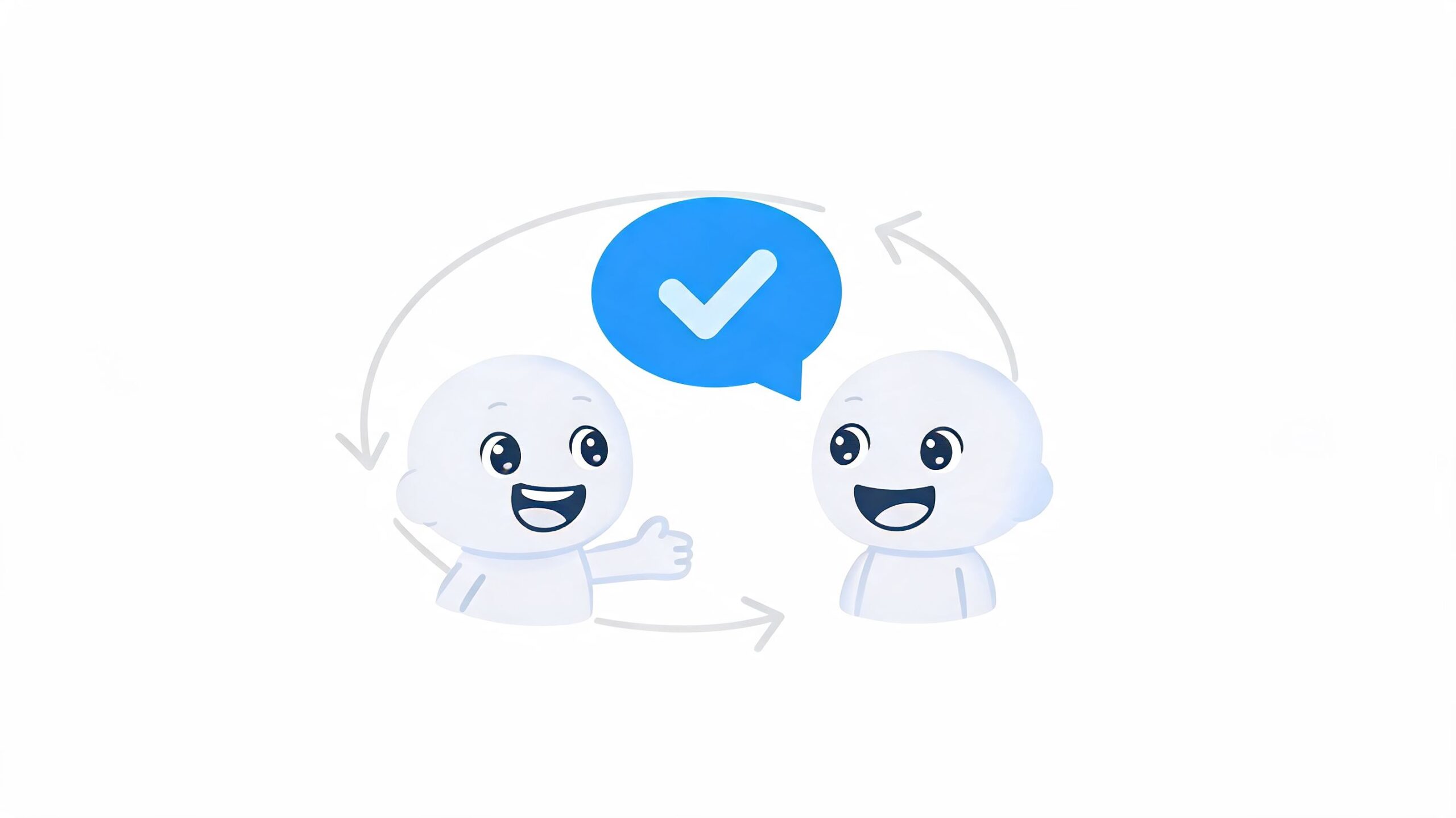 Due personaggi stilizzati interagiscono con un fumetto blu contenente una spunta, simbolo di comunicazione efficace e feedback positivo.