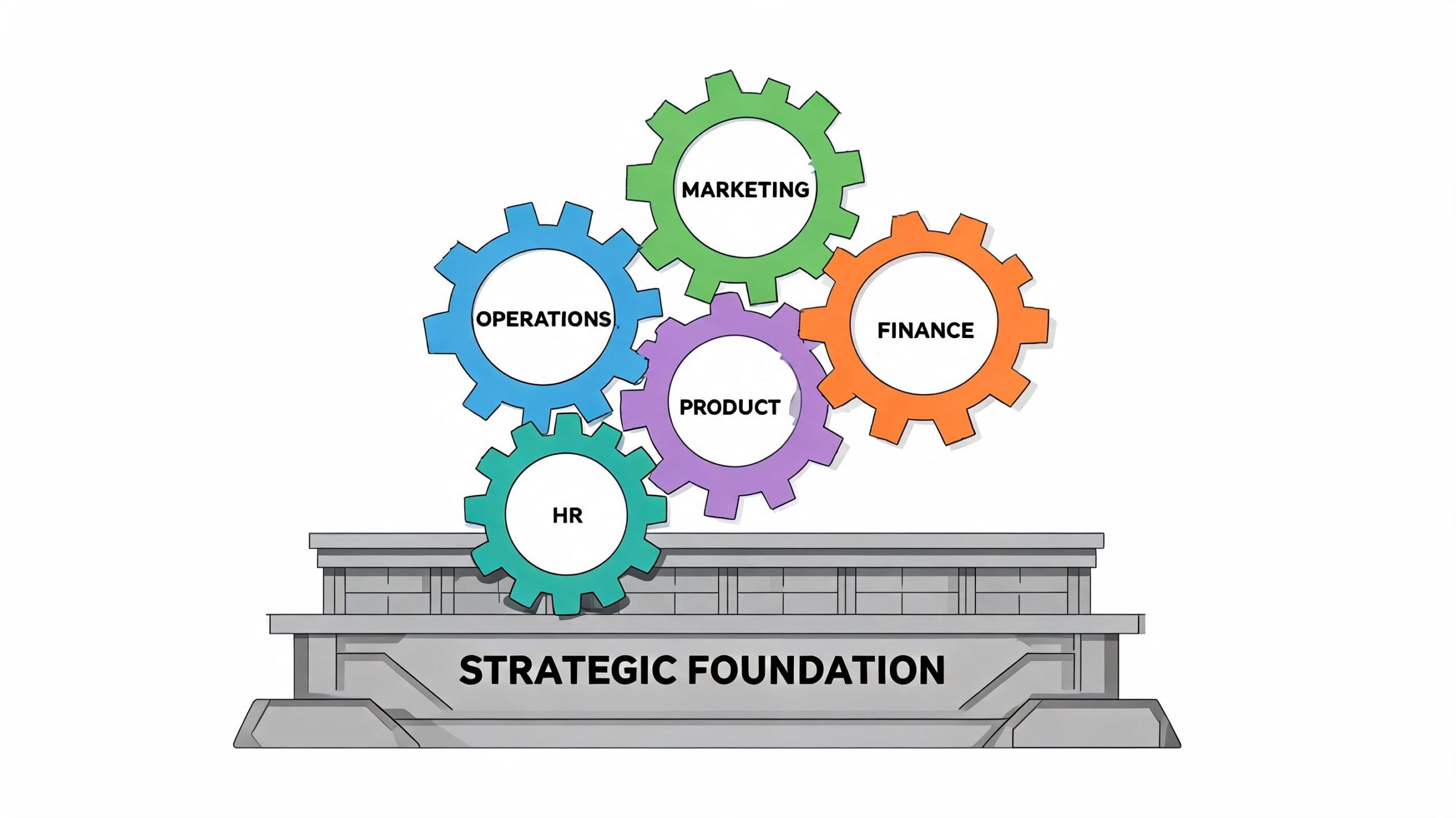 Schema di ingranaggi colorati che poggiano su una solida base strategica aziendale per una pianificazione efficace.