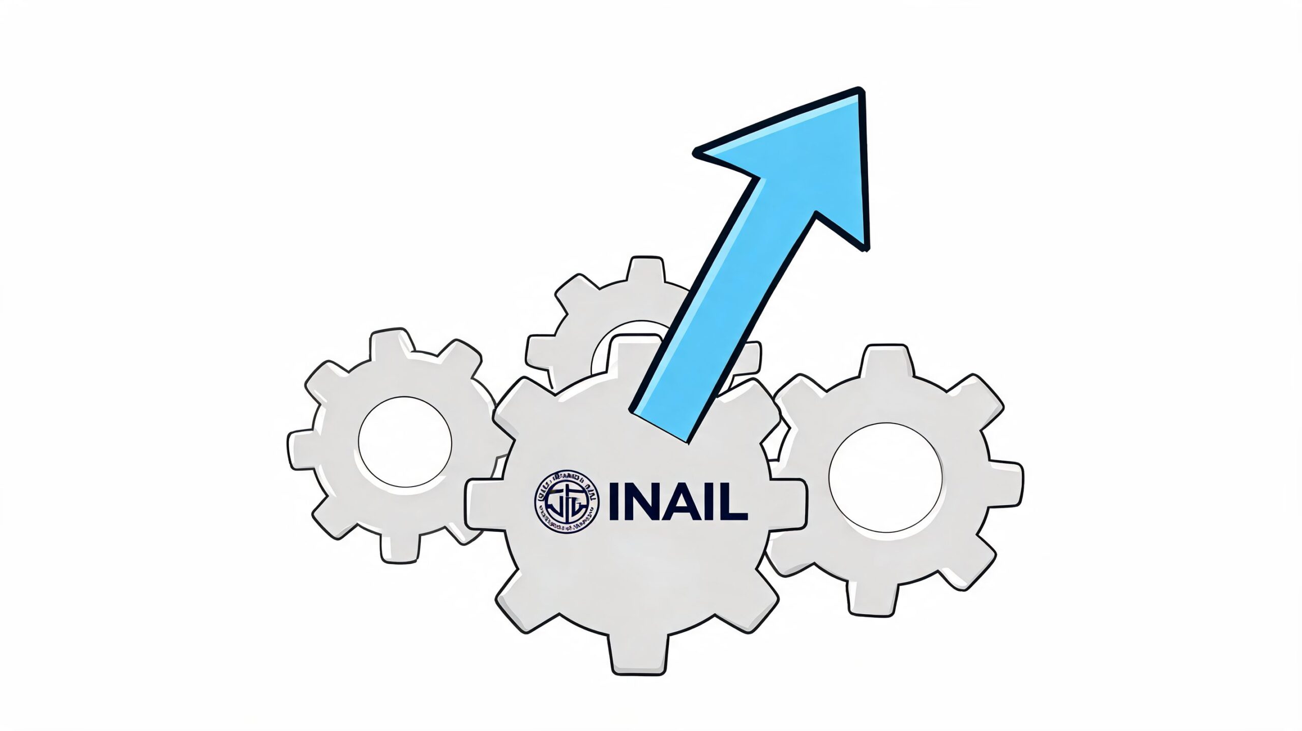 Logo dell'INAIL su un ingranaggio centrale collegato ad altri ingranaggi con una freccia azzurra rivolta verso l'alto.