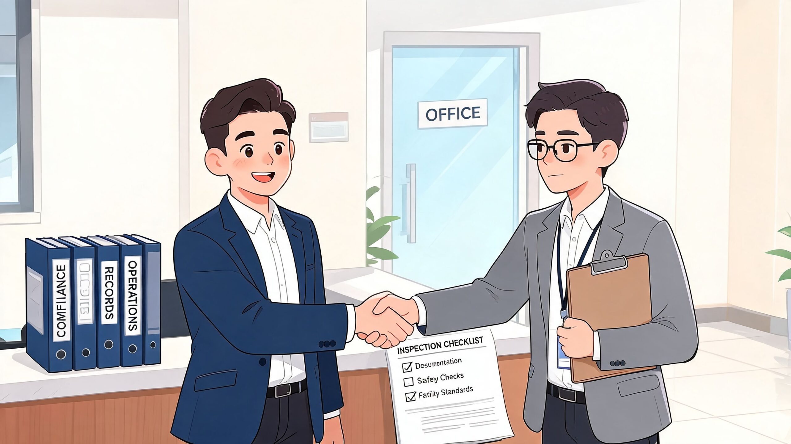 Due professionisti si stringono la mano in un ufficio durante una procedura di controllo di conformità lavorativa.