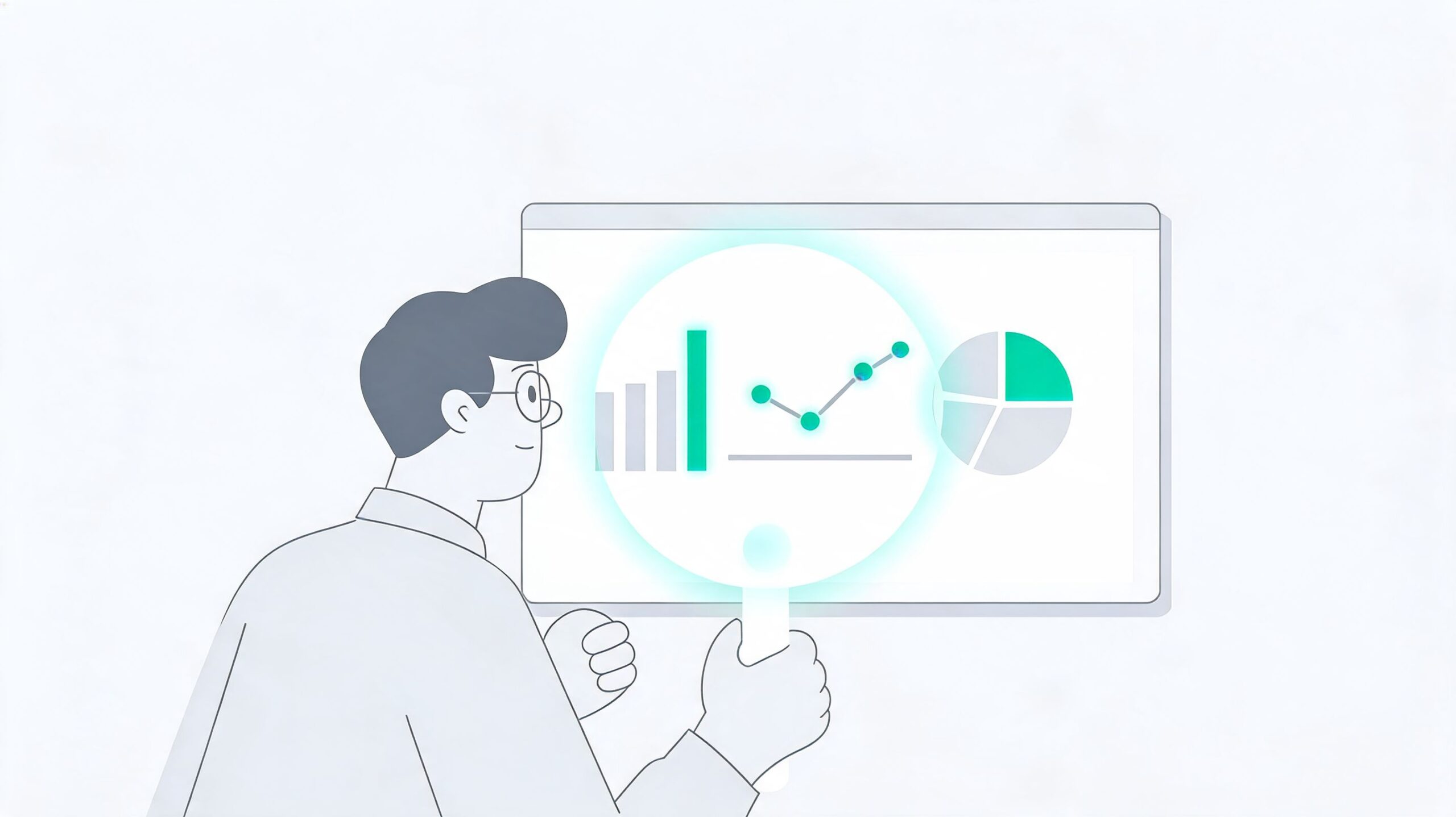 Un professionista che analizza grafici aziendali e dati statistici attraverso una lente d'ingrandimento digitale su uno schermo.