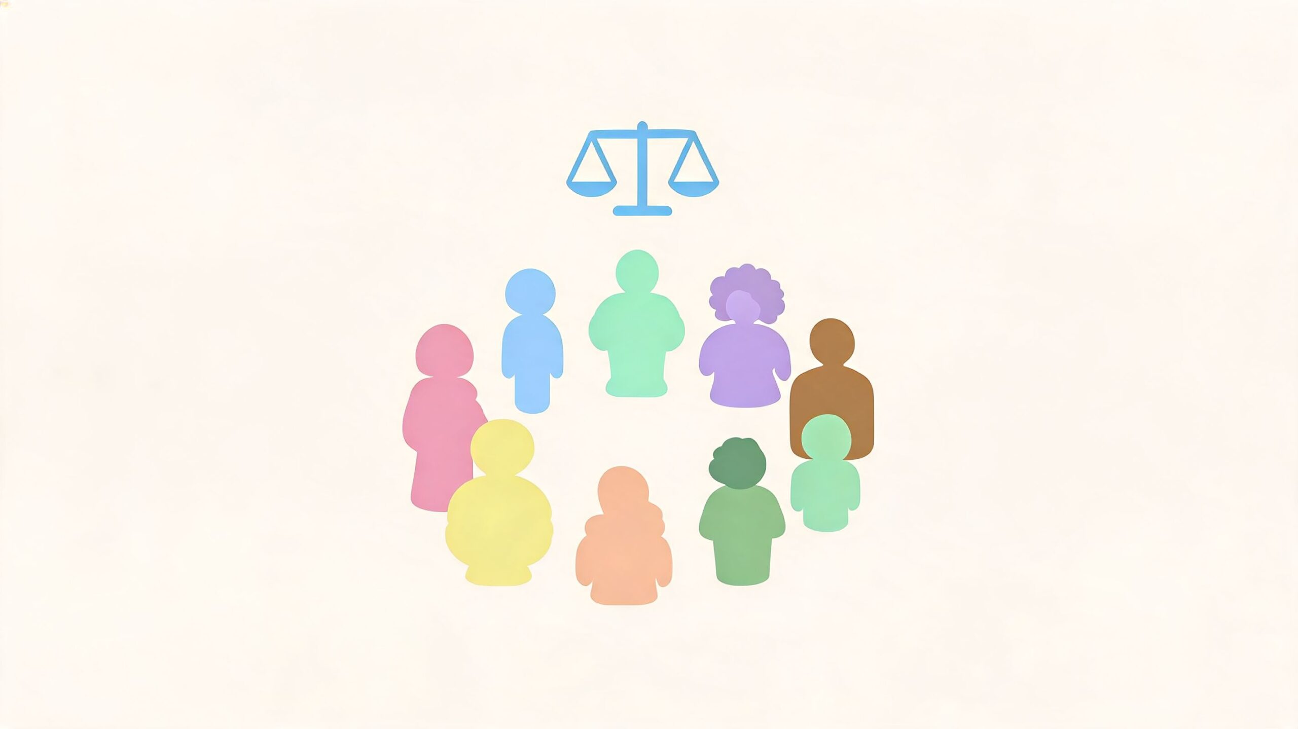 Un'illustrazione piatta di un gruppo eterogeneo di persone disposte in cerchio sotto l'icona di una bilancia della giustizia.