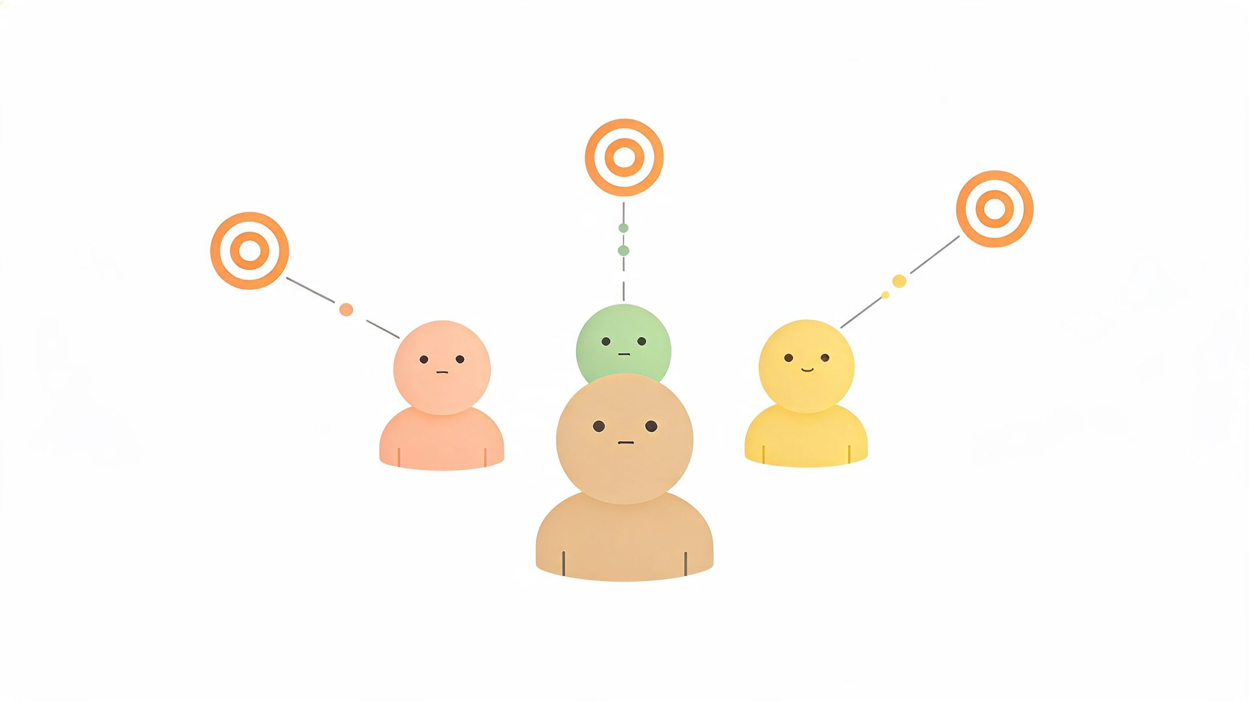 Illustrazione stilizzata di persone con espressioni diverse collegate a obiettivi tramite linee e punti di congiunzione.