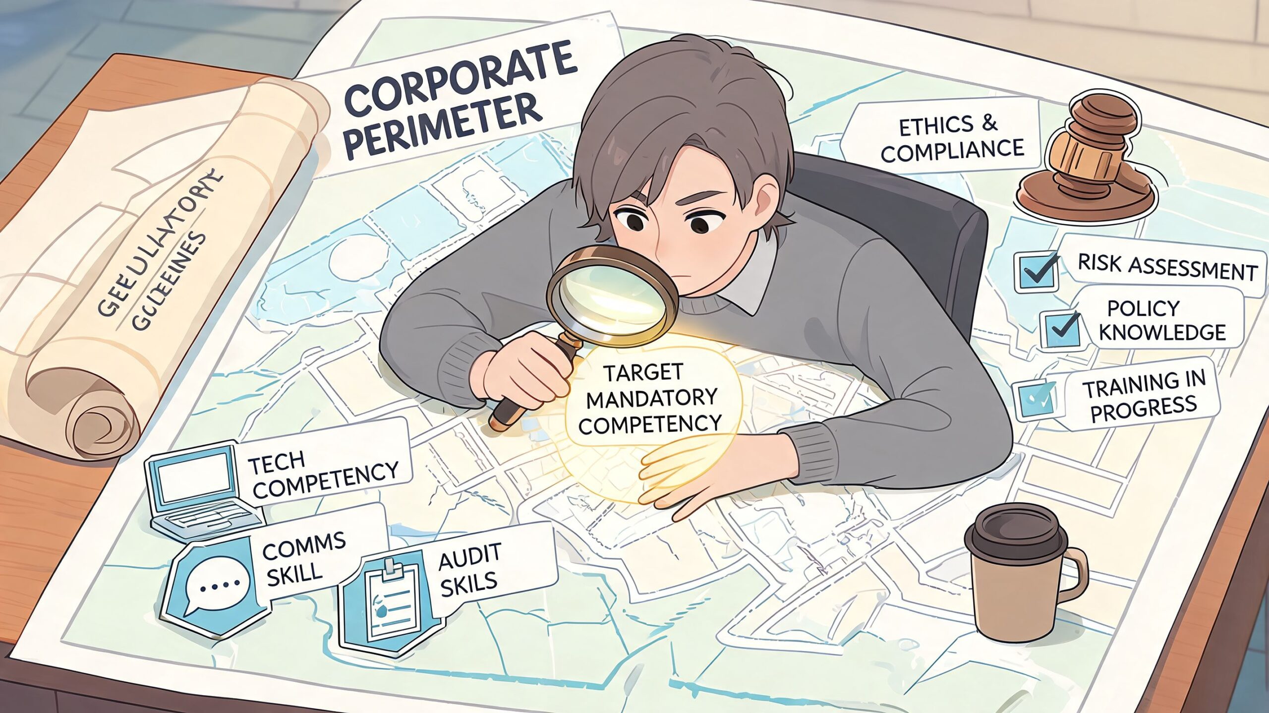 Una illustrazione di una persona che analizza una mappa delle competenze aziendali con una lente d'ingrandimento.