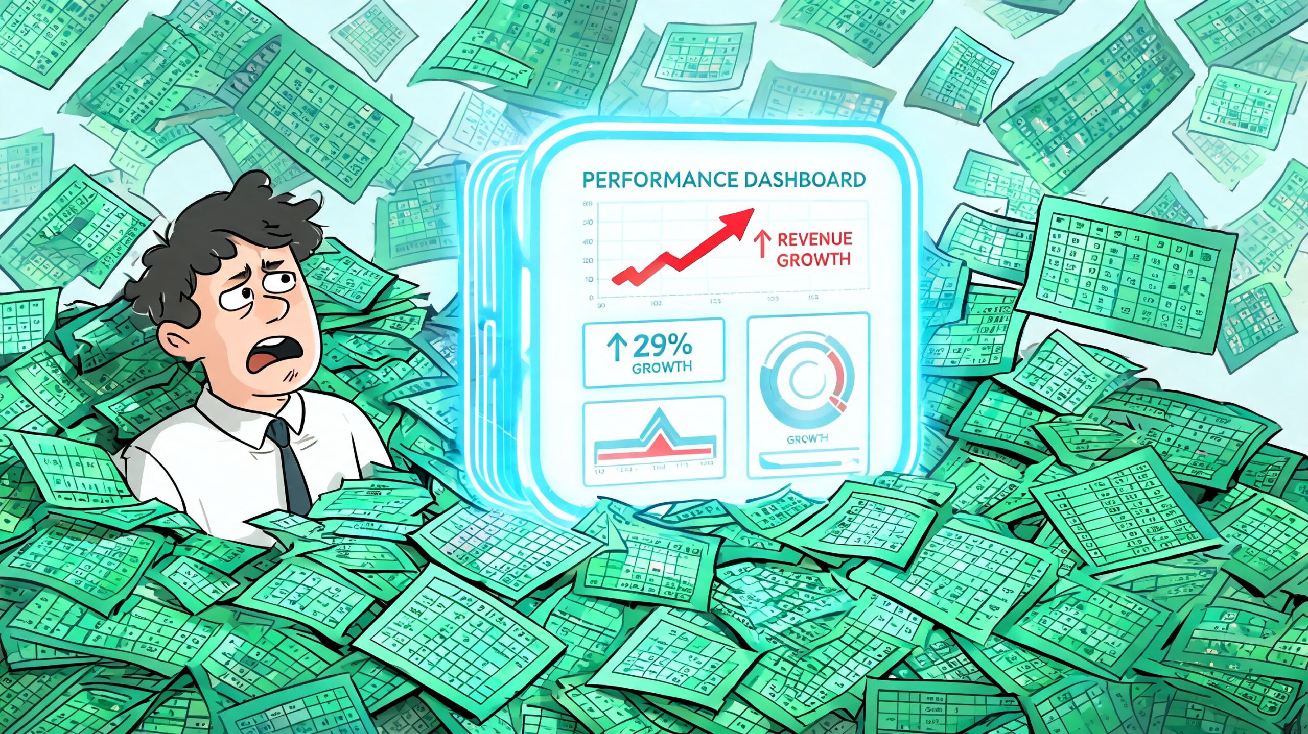 Un impiegato stressato sommerso da una grande quantità di fogli di calcolo e grafici di performance aziendali.