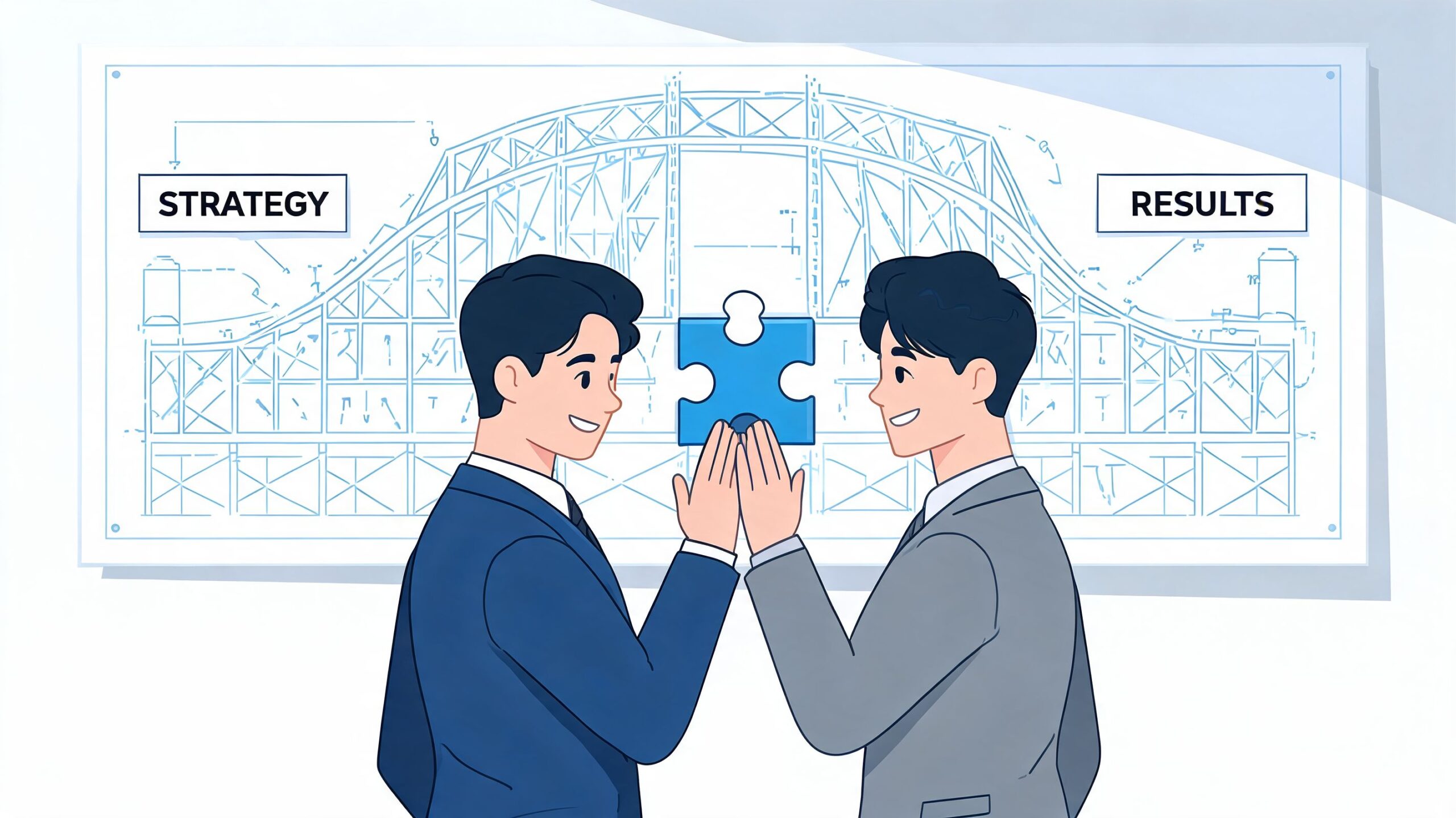 Due uomini d'affari uniscono i pezzi di un puzzle davanti a un progetto di strategia e risultati.
