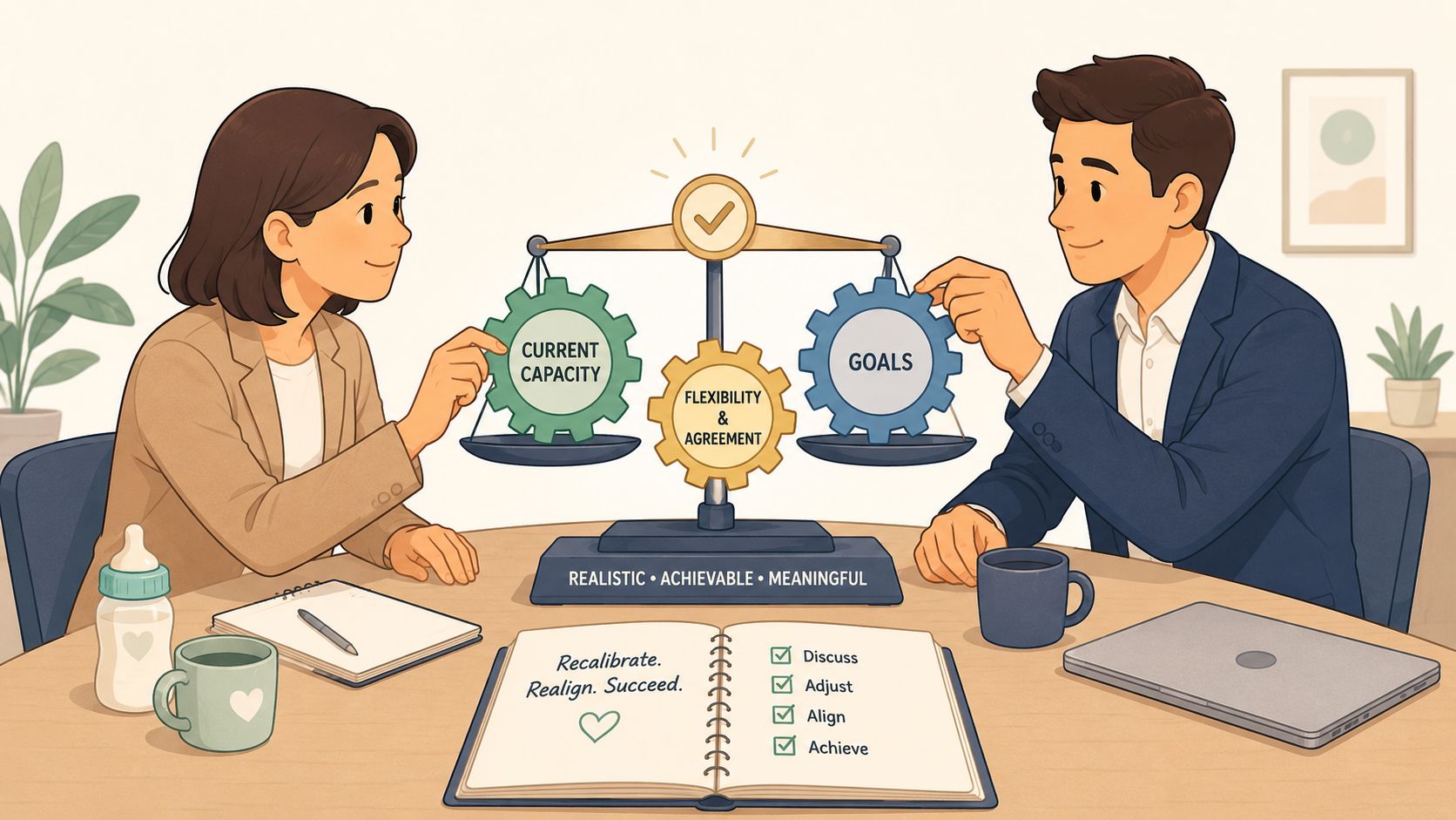 Una coppia bilancia capacità e obiettivi lavorativi, simbolo di una gestione equilibrata tra vita professionale e genitorialità.