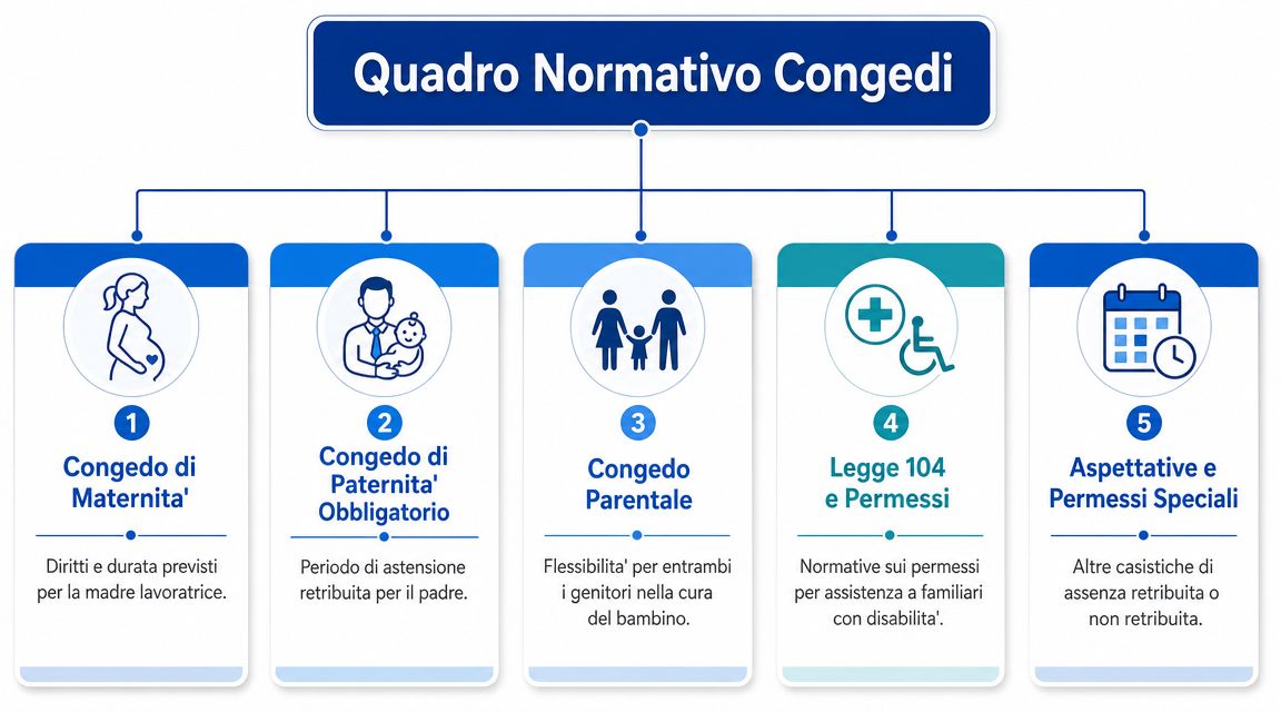 Diagramma che illustra il quadro normativo dei congedi lavorativi in Italia, incluse maternità, paternità e permessi speciali.