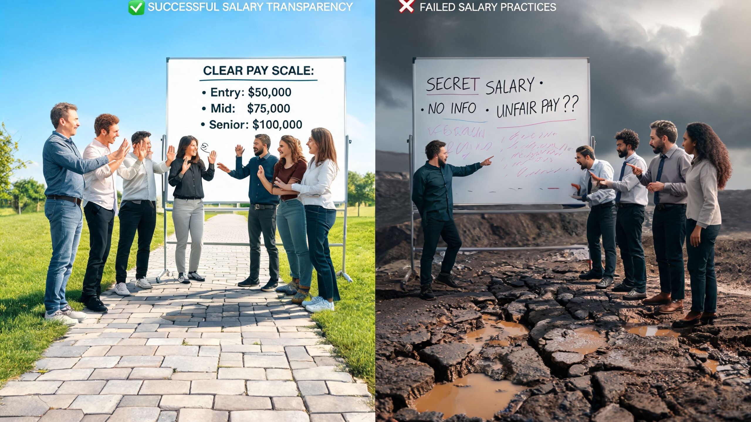 Confronto tra un ambiente lavorativo con trasparenza salariale e uno con retribuzioni segrete e non eque.