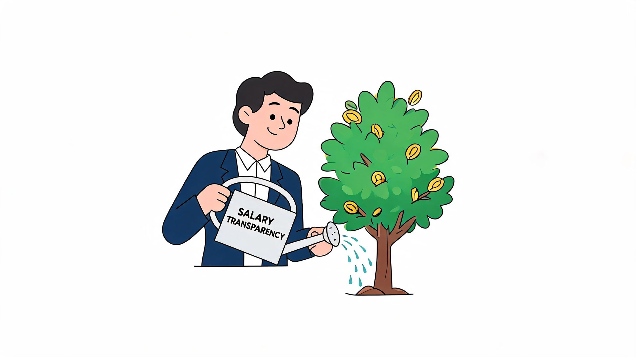 Un professionista in giacca e cravatta annaffia un albero con monete usando un annaffiatoio con scritto trasparenza salariale.
