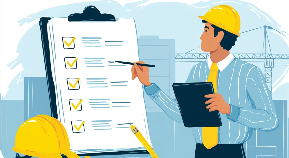 illustrazione di un professionista in ufficio indica una lista di controllo sulla sicurezza sul lavoro scritta su una lavagna bianca