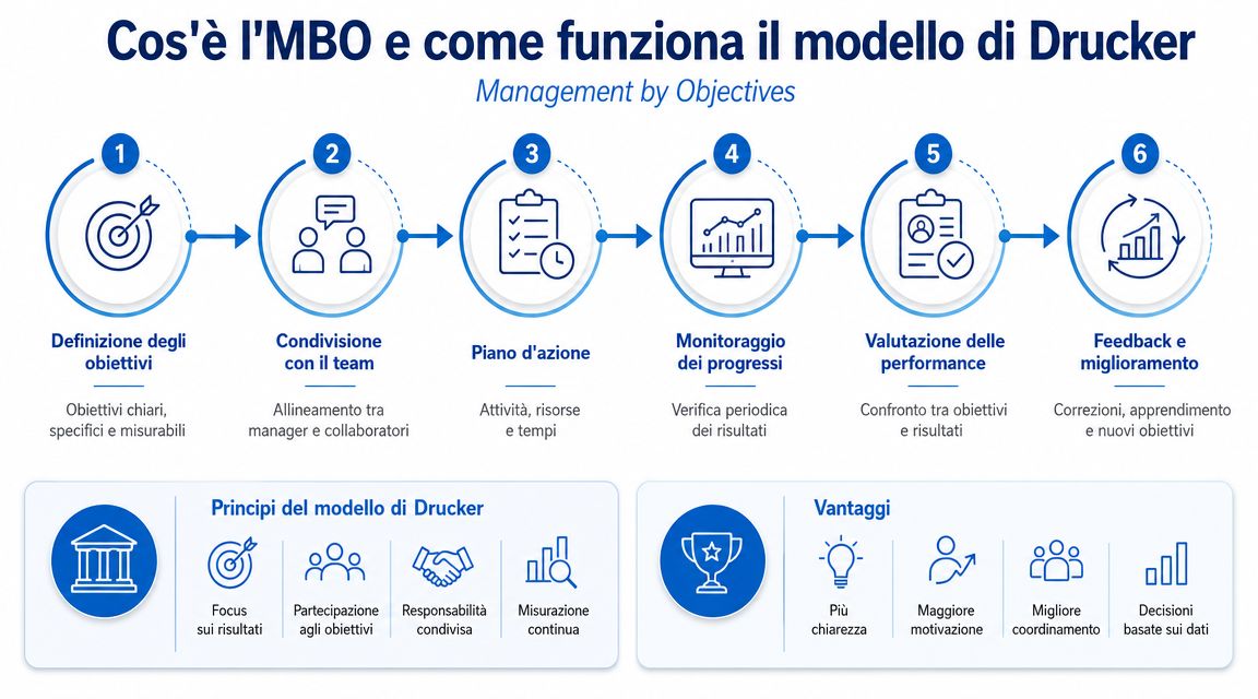 Schema visivo che illustra il processo di gestione per obiettivi MBO di Peter Drucker in sei fasi.