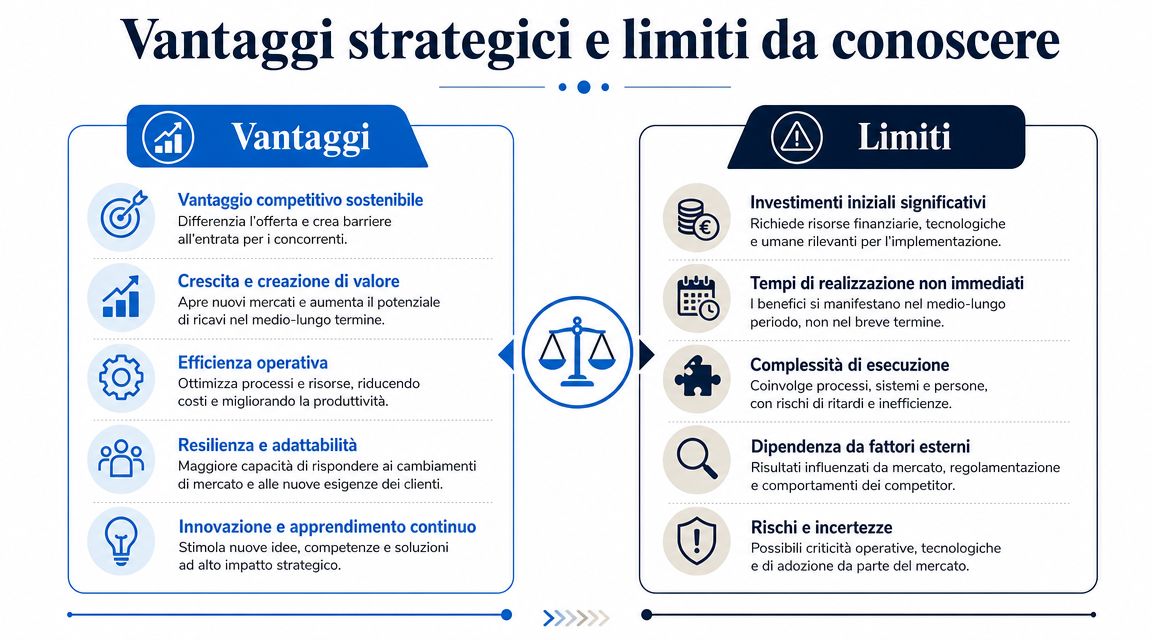 Schema grafico che confronta i vantaggi competitivi e i limiti strategici di un modello aziendale.