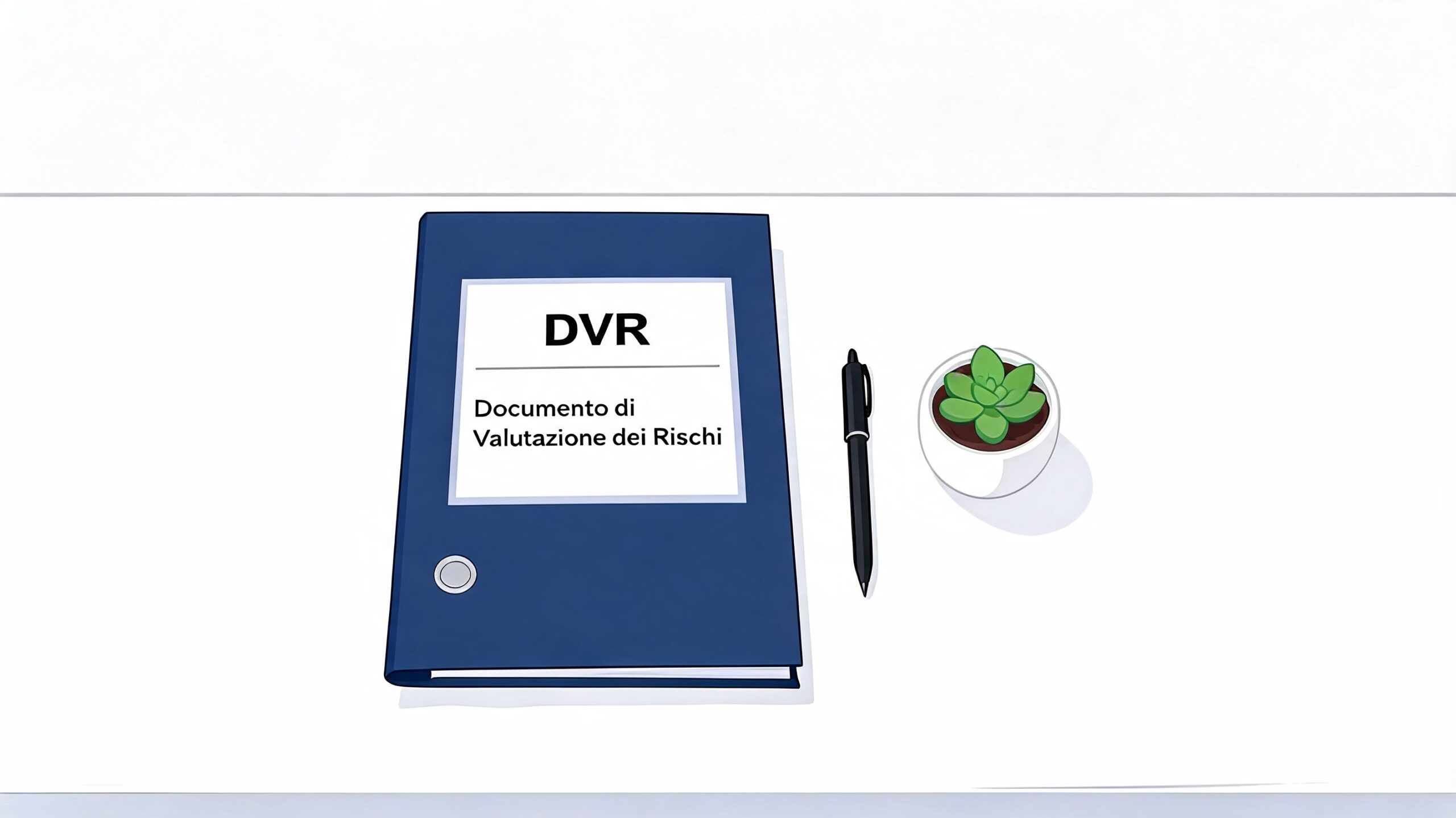 Un raccoglitore blu con il titolo DVR Documento di Valutazione dei Rischi poggiato su una scrivania bianca.