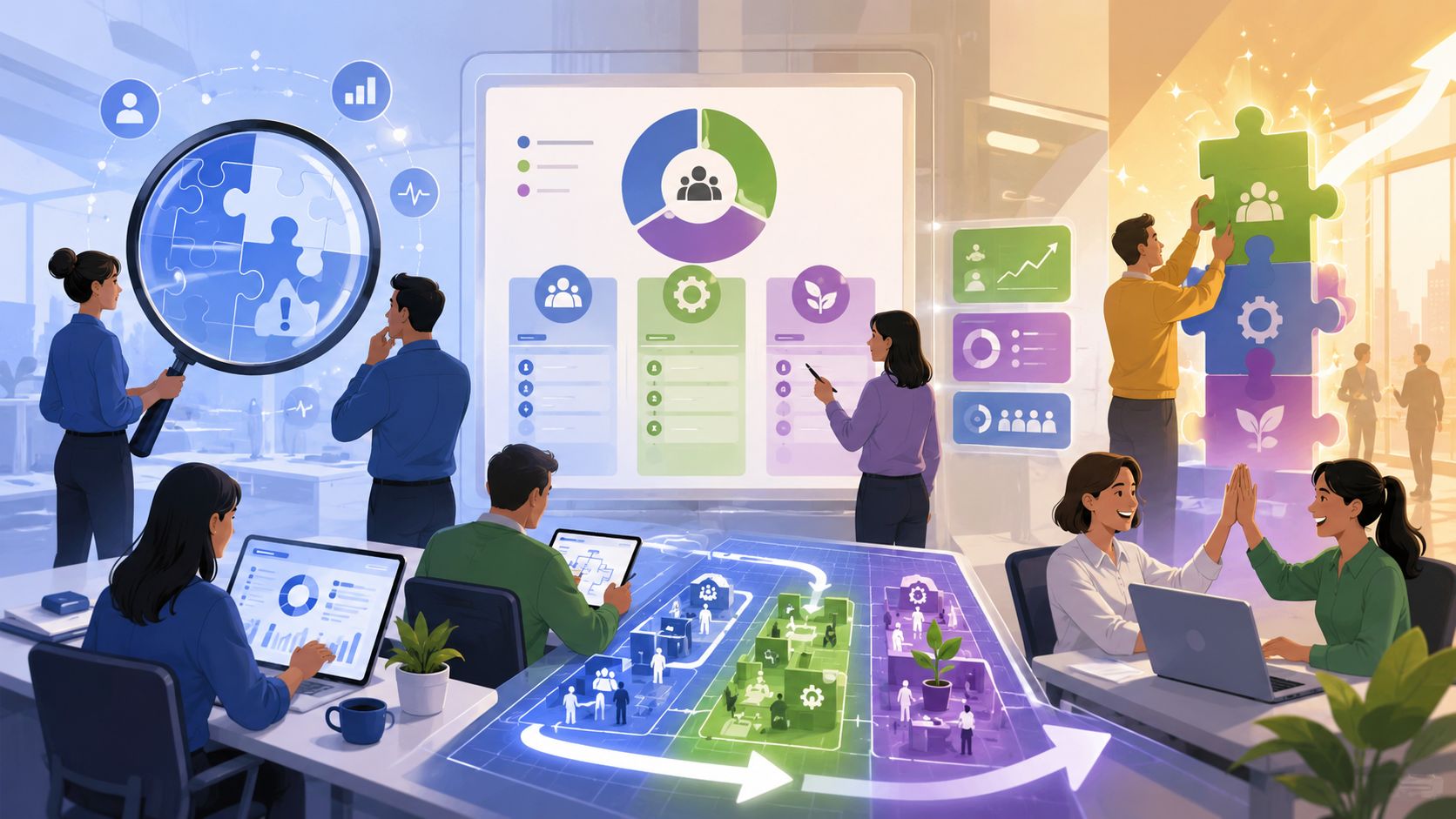 Team di professionisti che collaborano in un ufficio moderno analizzando dati, strategie e processi aziendali complessi.