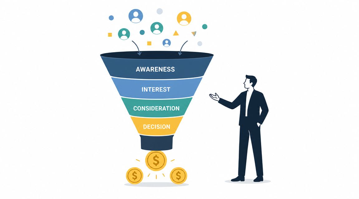 Illustrazione di un funnel di marketing che converte i contatti in risultati finanziari con un consulente.