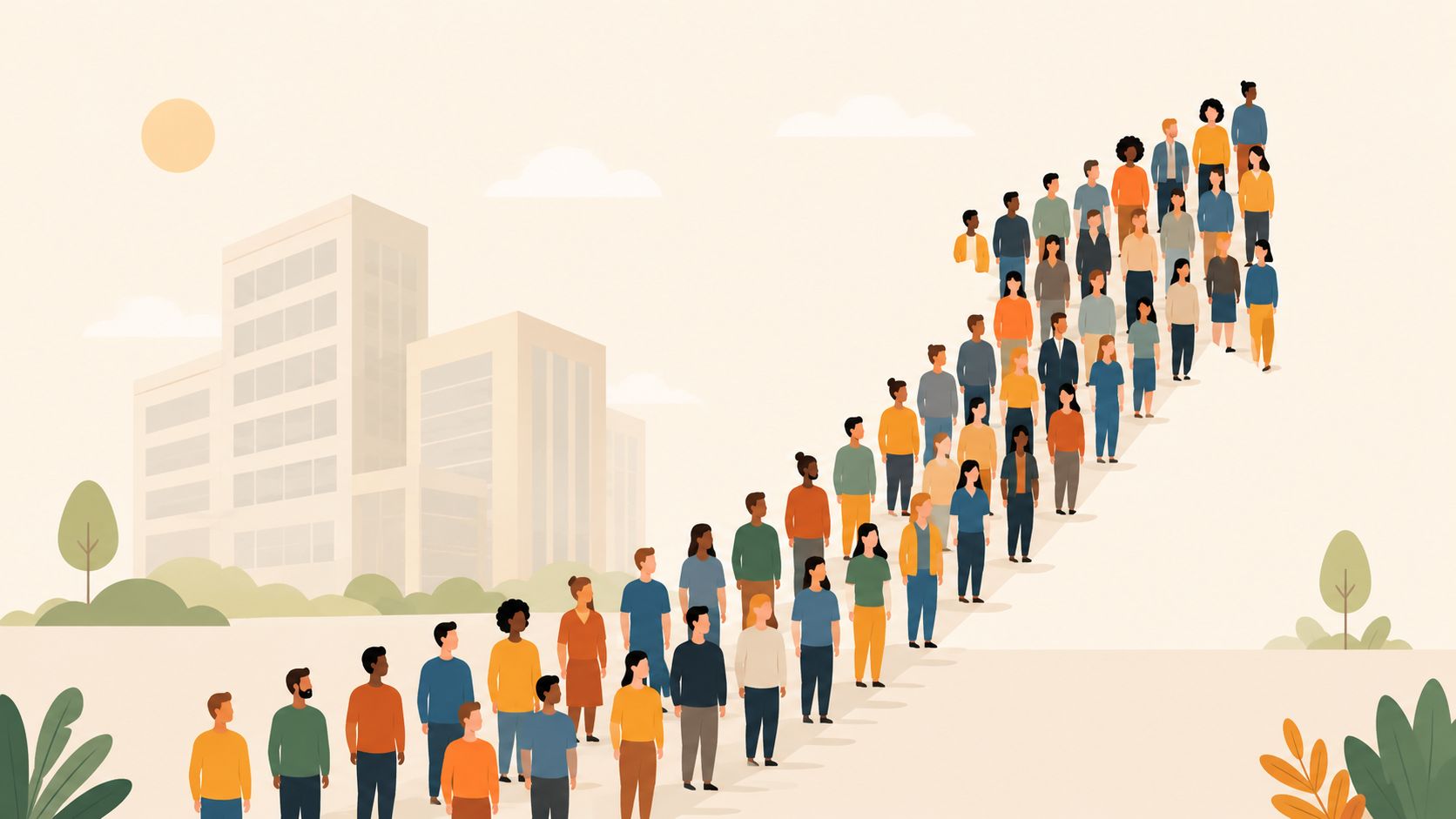 Una fila di persone stilizzate che camminano verso l'alto simboleggiando la crescita professionale e il successo aziendale.