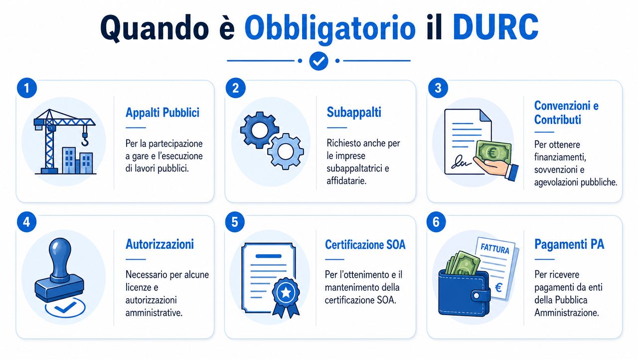 Infografica che illustra i sei casi principali in cui è obbligatorio possedere il DURC per le aziende.