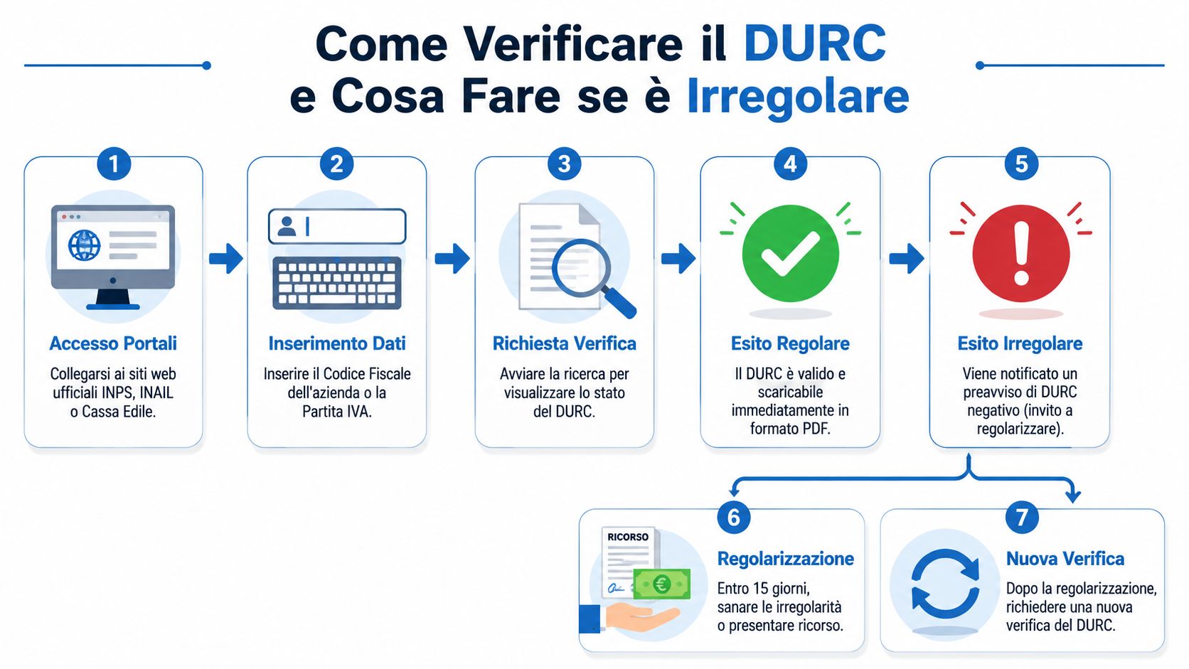 Infografica che illustra i sette passaggi per verificare il DURC online e come gestire le irregolarità.
