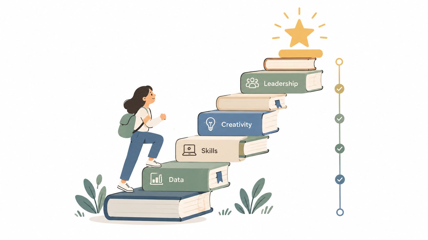 A student walking up a staircase made of books, each representing professional development milestones towards success.