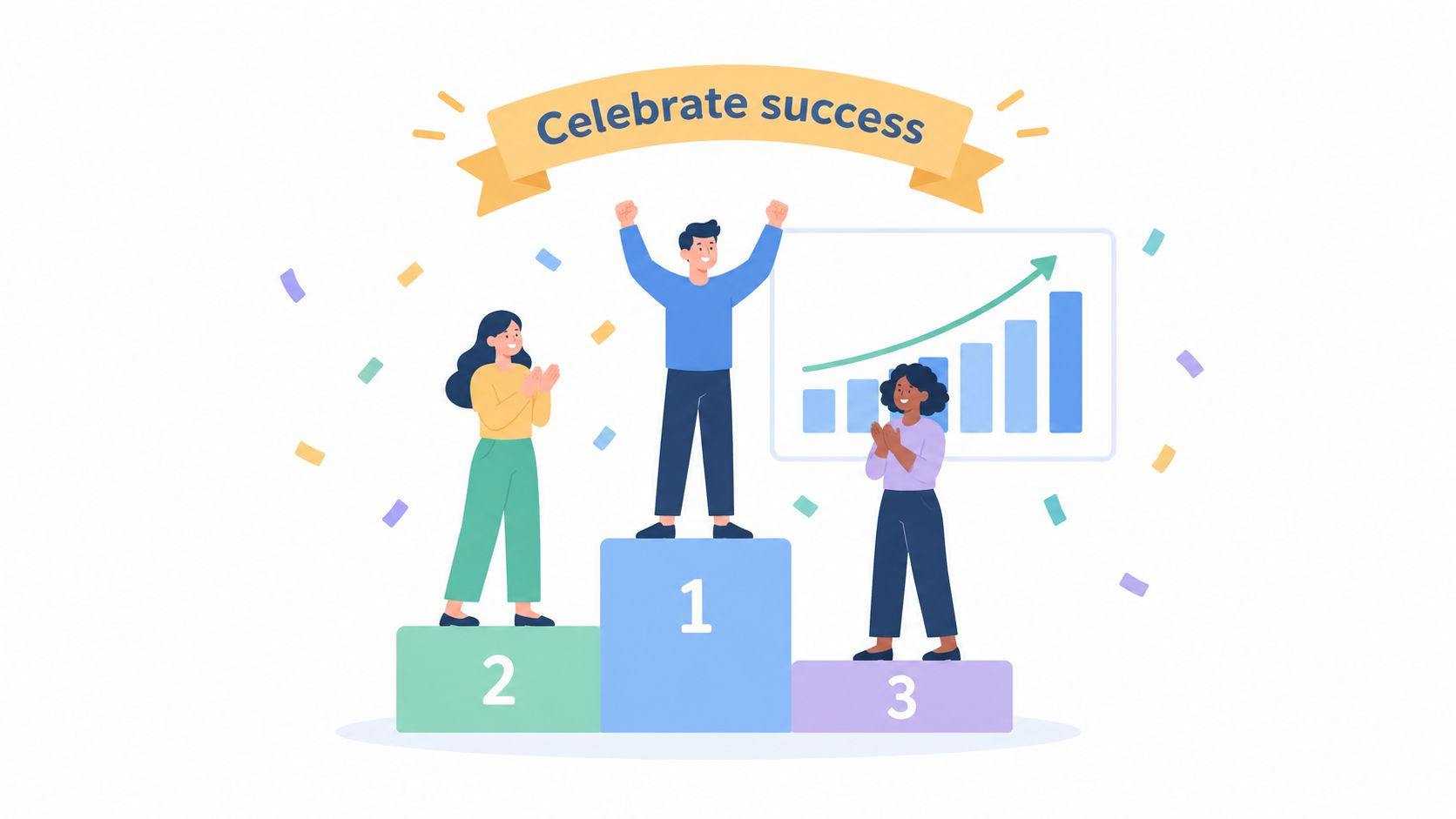 Un team di professionisti su un podio che celebra il successo, con un grafico di crescita sullo sfondo.