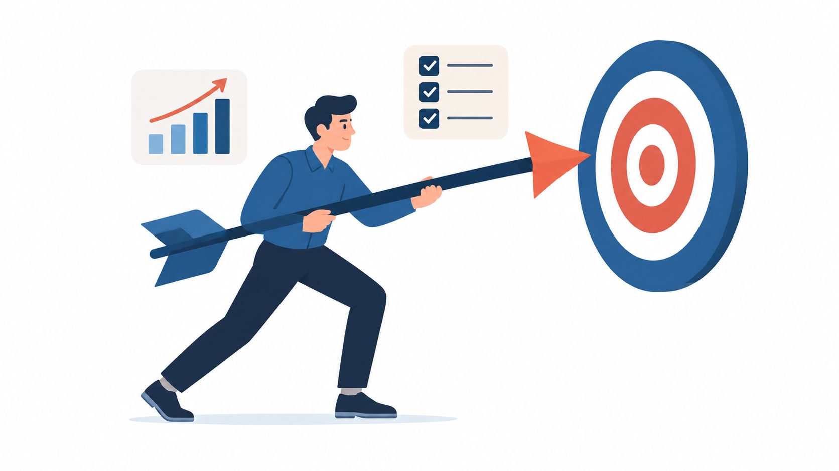 A professional employee aiming a large arrow towards a target to achieve business goals and objectives.