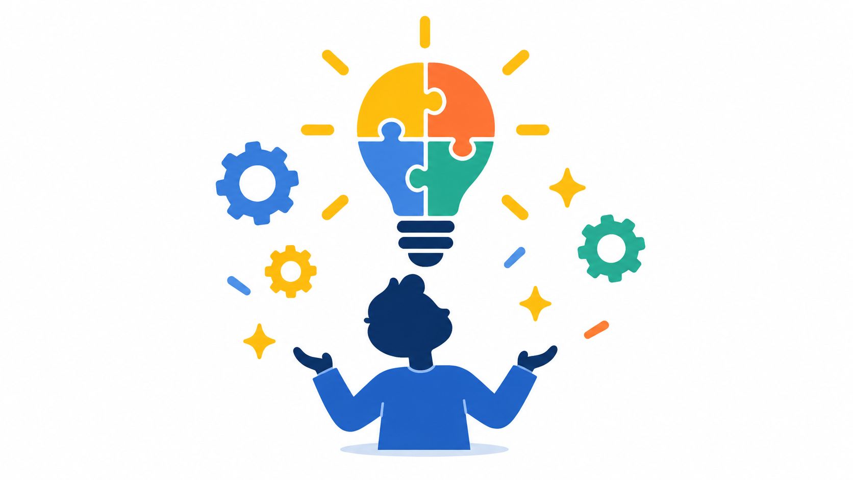 A person silhouette juggling colorful puzzle piece lightbulb and gears representing innovation and employee problem solving skills.
