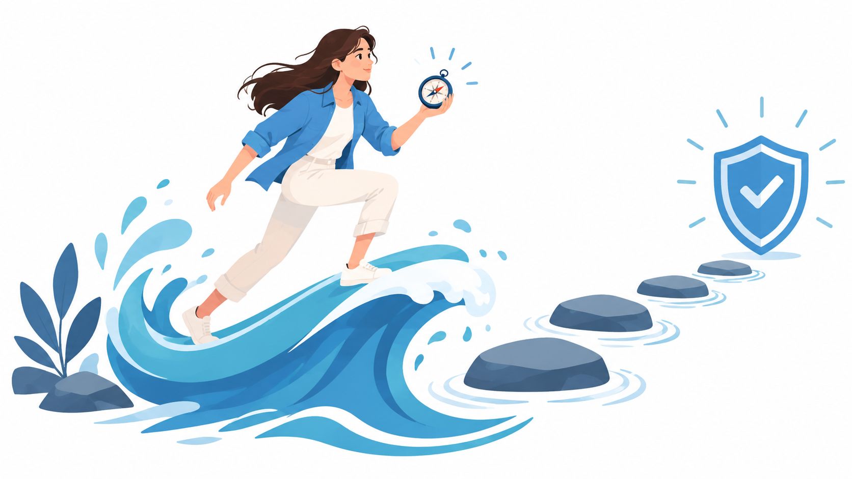 A woman holding a compass surfing a large blue wave toward a secure shield icon.