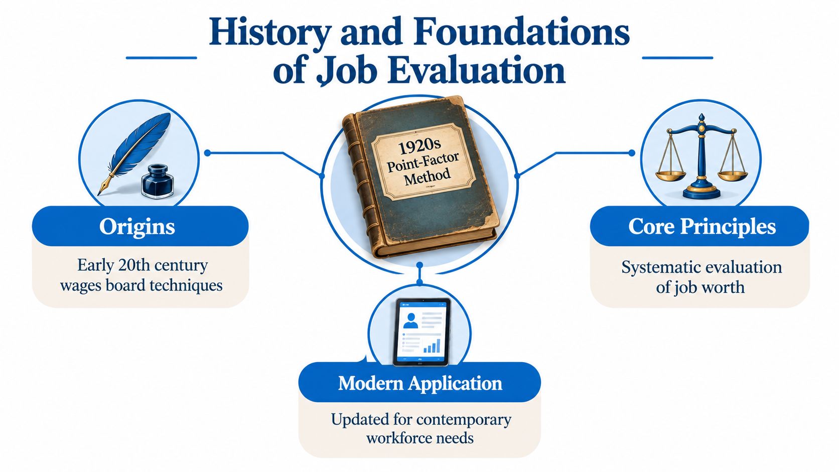 An infographic titled History and Foundations of Job Evaluation showing origins, methods, and principles.