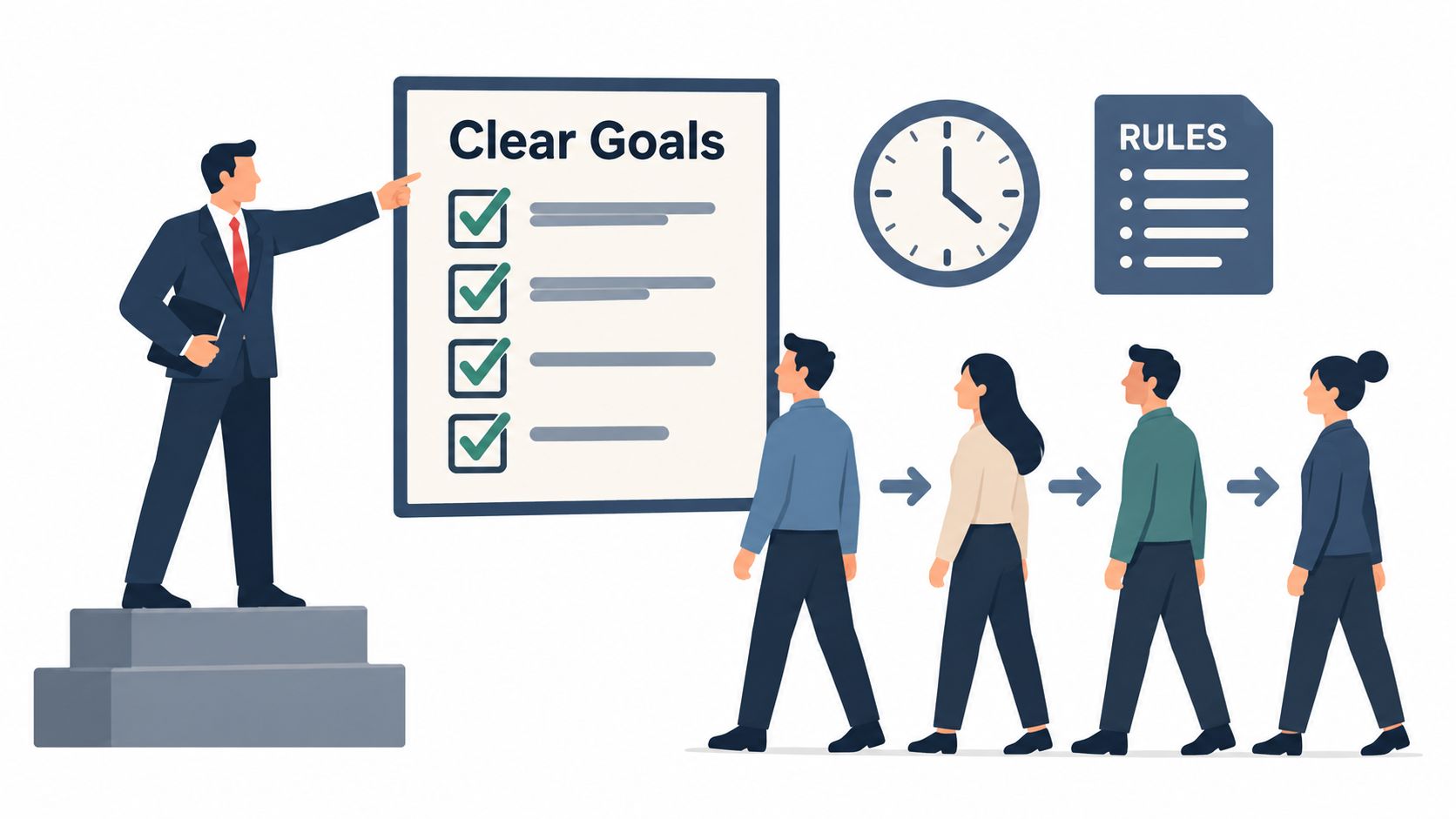 A professional business leader presenting a list of clear goals to a team of employees in line.