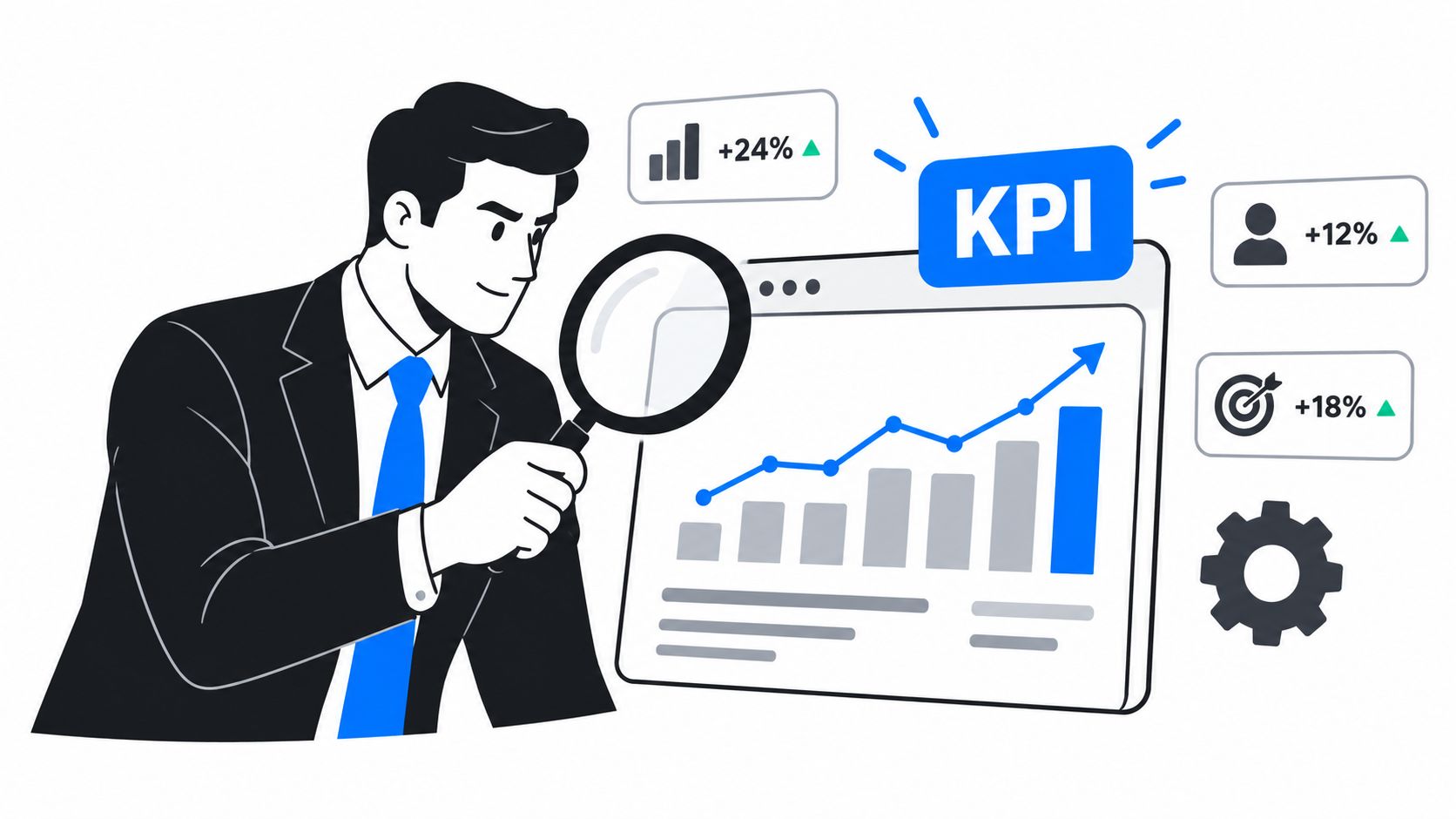 A professional man in a suit using a magnifying glass to analyze business KPI data on a screen.