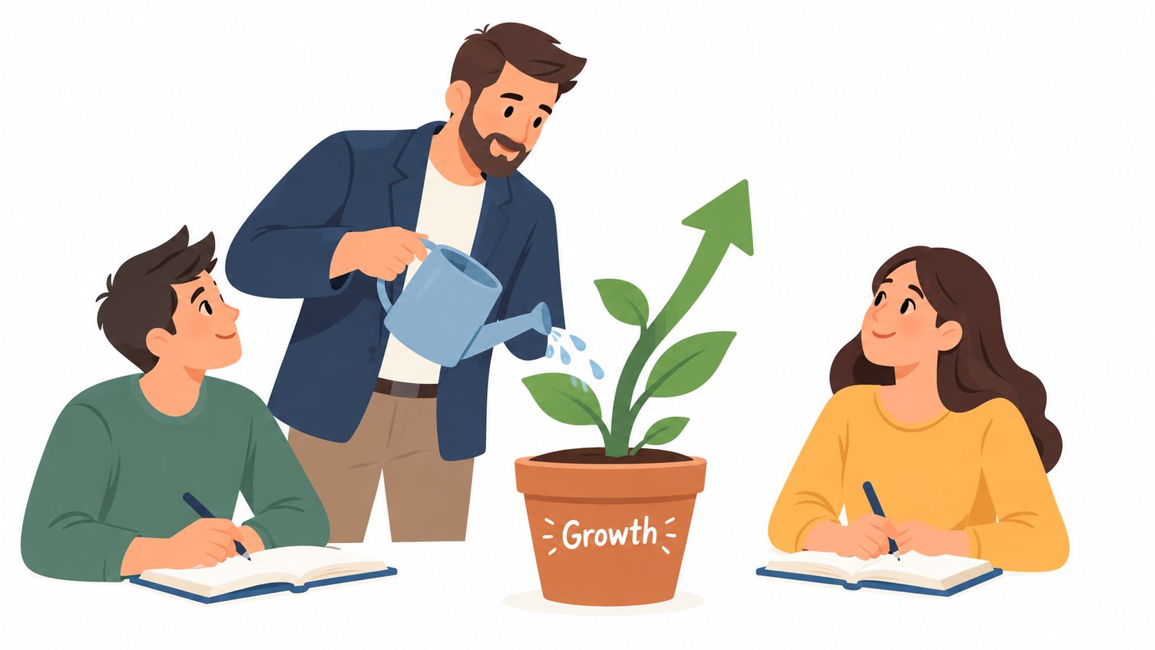 A teacher watering a plant shaped like an arrow while students take notes in their notebooks.