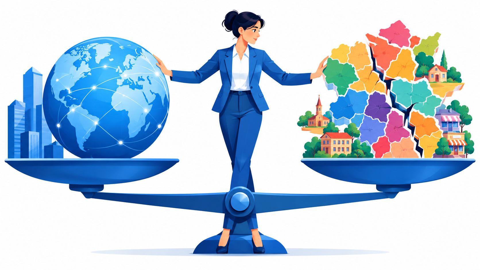 A professional woman in a suit balancing a globe and a jigsaw map of a community.