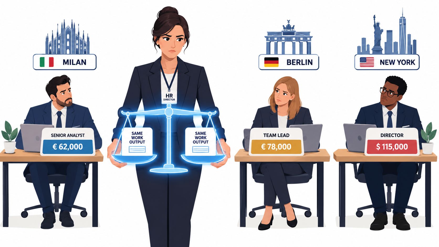 An HR director holding a scale comparing salary differences between employees in different global office locations.