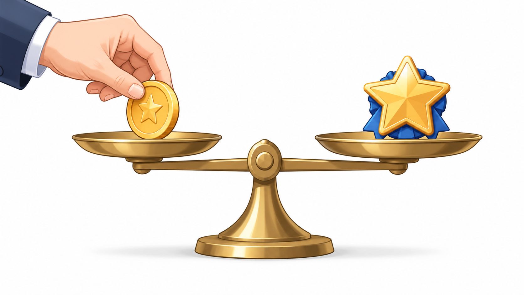 A hand placing a gold star coin on a scale balancing against a large star award.