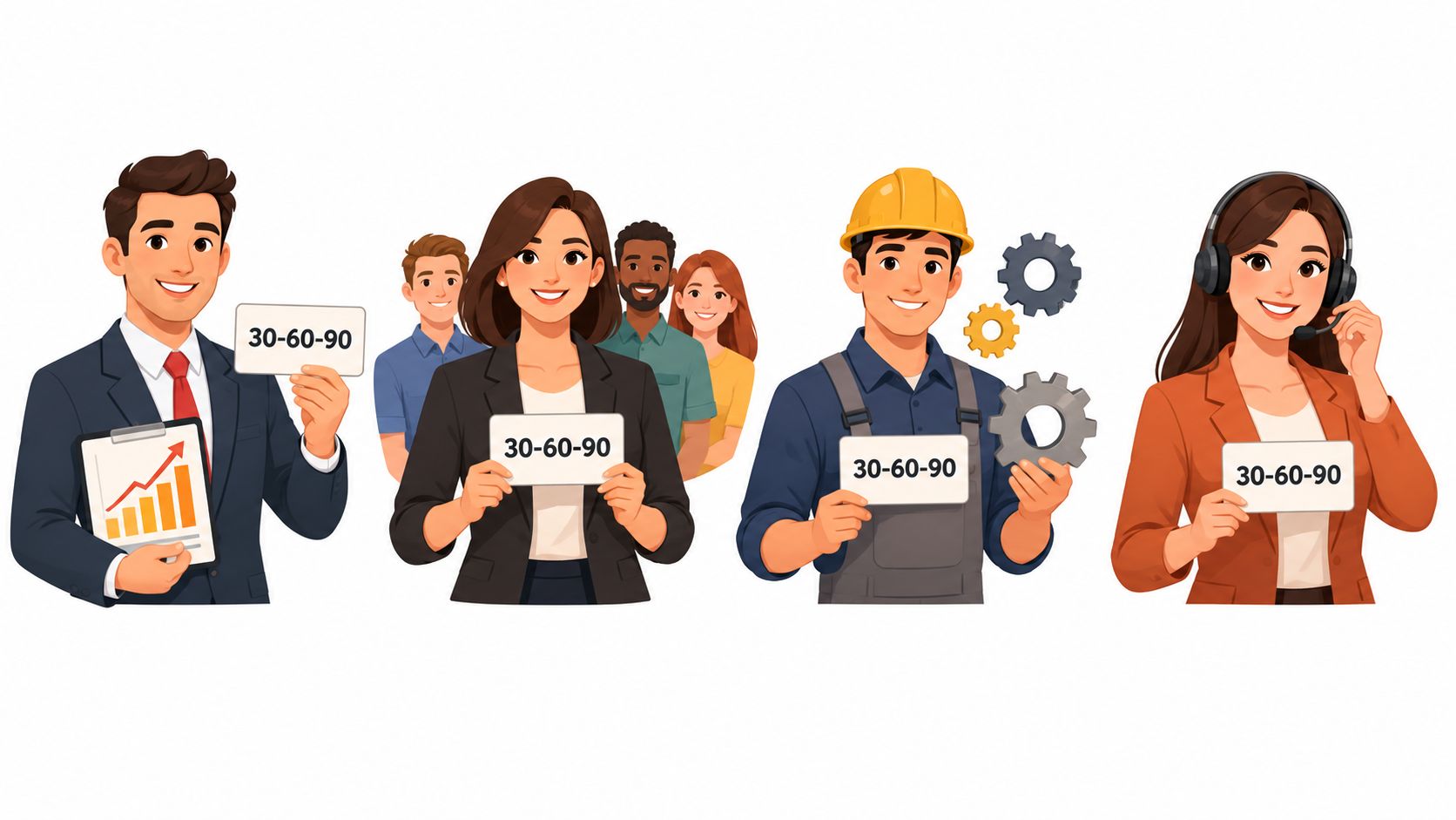 A diverse group of professionals holding signs with the text 30-60-90 representing business planning and strategy.