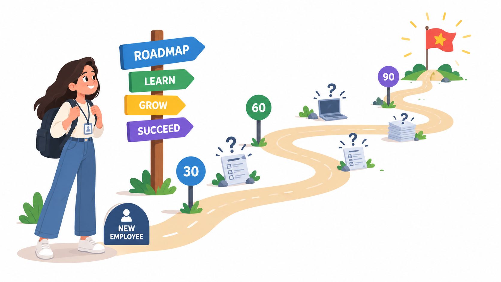 A woman looking at a roadmap sign with milestones for a 30, 60, and 90 day onboarding plan.