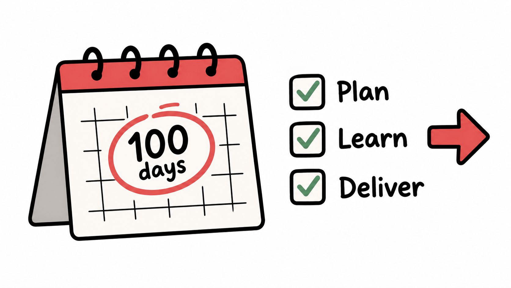 A calendar showing 100 days with a checklist for Plan, Learn, and Deliver steps.