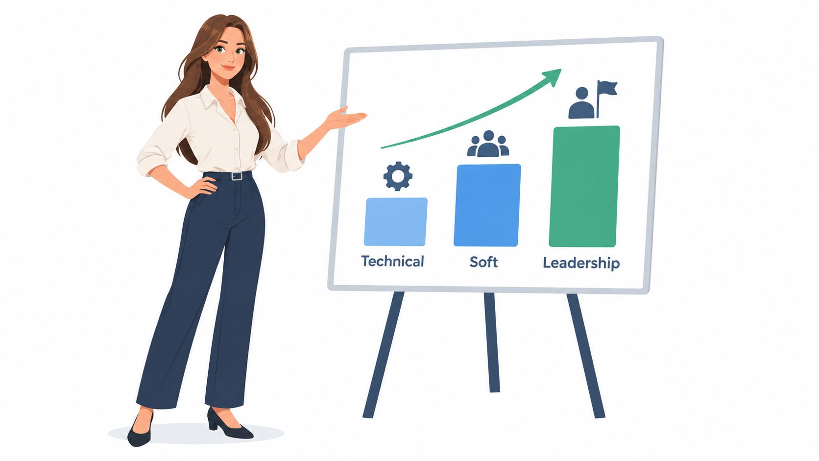 A professional woman presenting a chart on a whiteboard showing progress in technical, soft, and leadership skills.