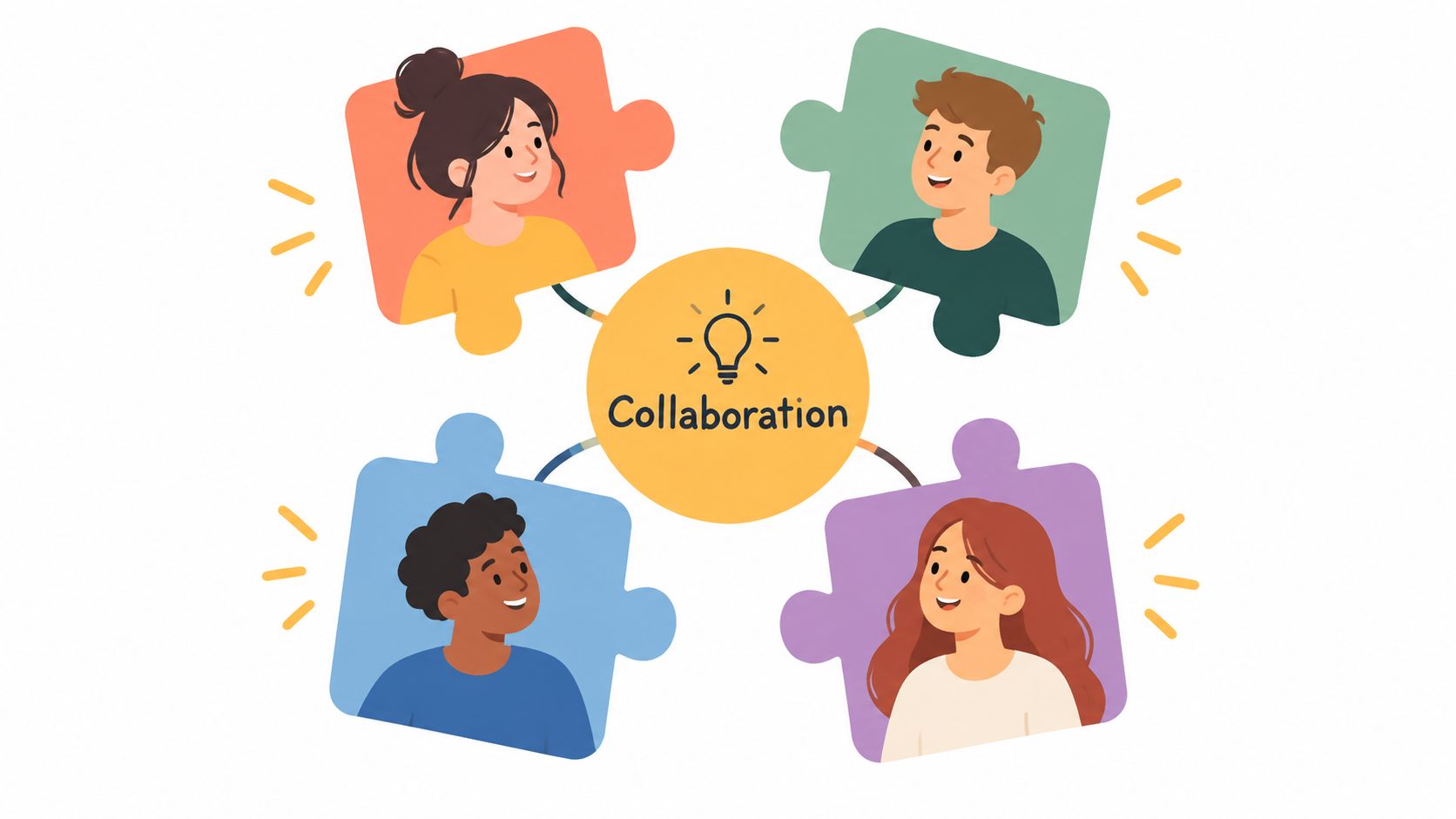 Four diverse people shown in puzzle pieces around a yellow circle with a lightbulb icon representing collaboration.