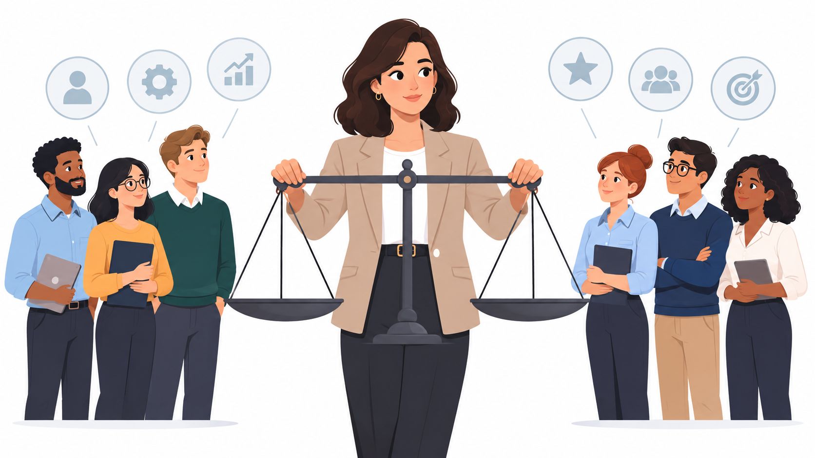 A professional woman holding a balance scale between two groups of diverse office employees in illustration